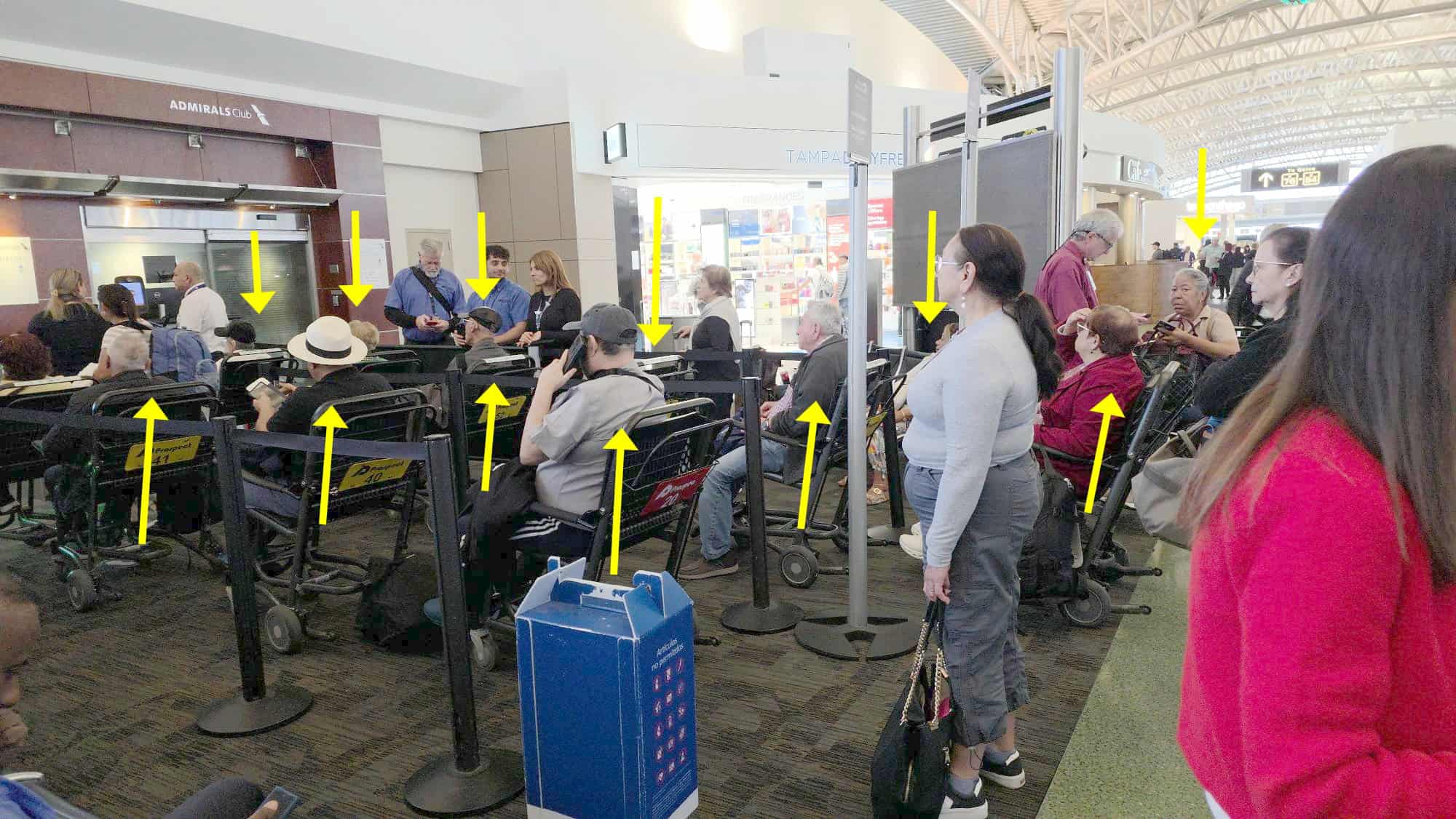 Rows of wheelchairs lined up at the Copa Airlines gate at Tampa airport