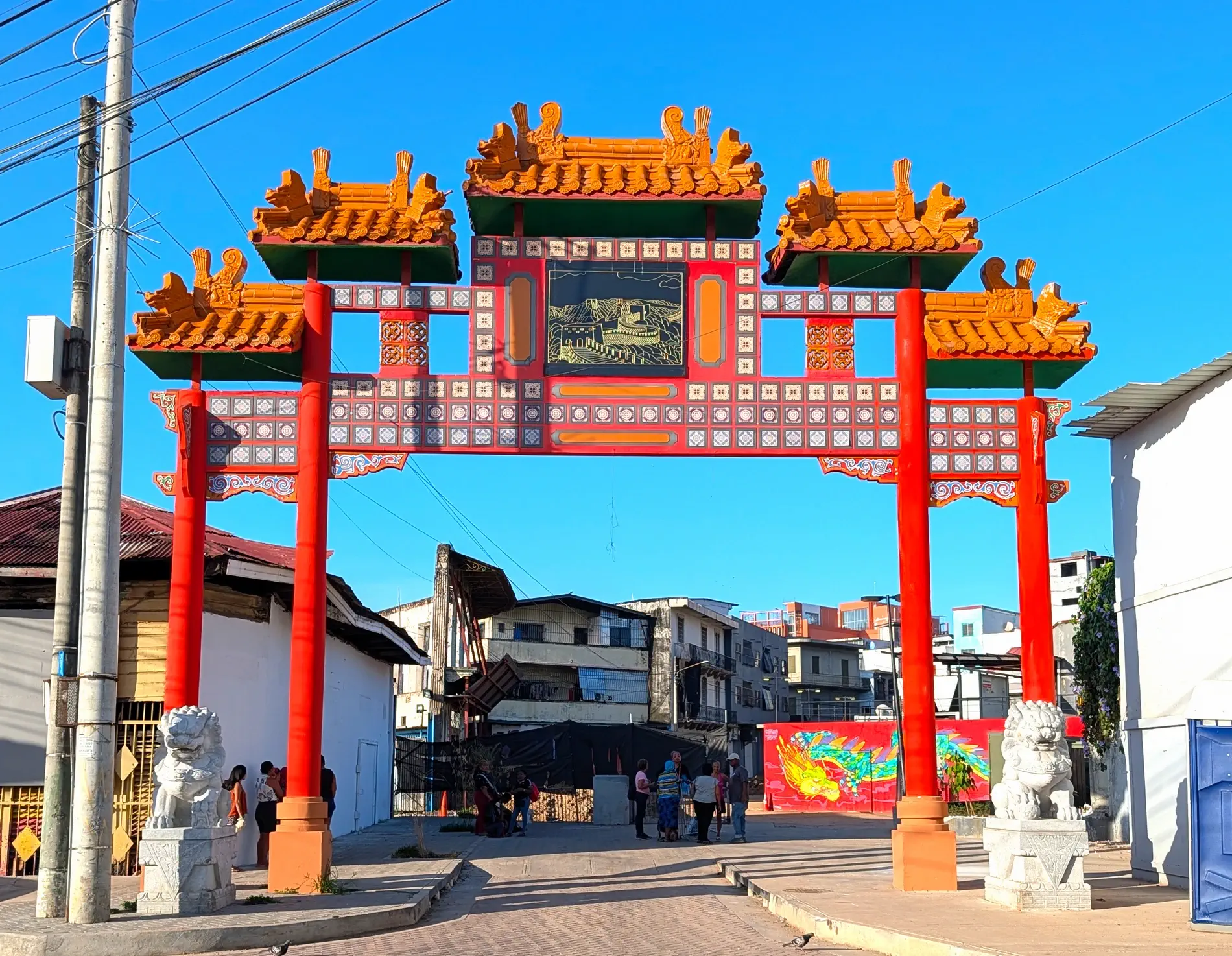 Traditional red Chinese arch marking the former Chinatown entrance near Casco Viejo in Panama City