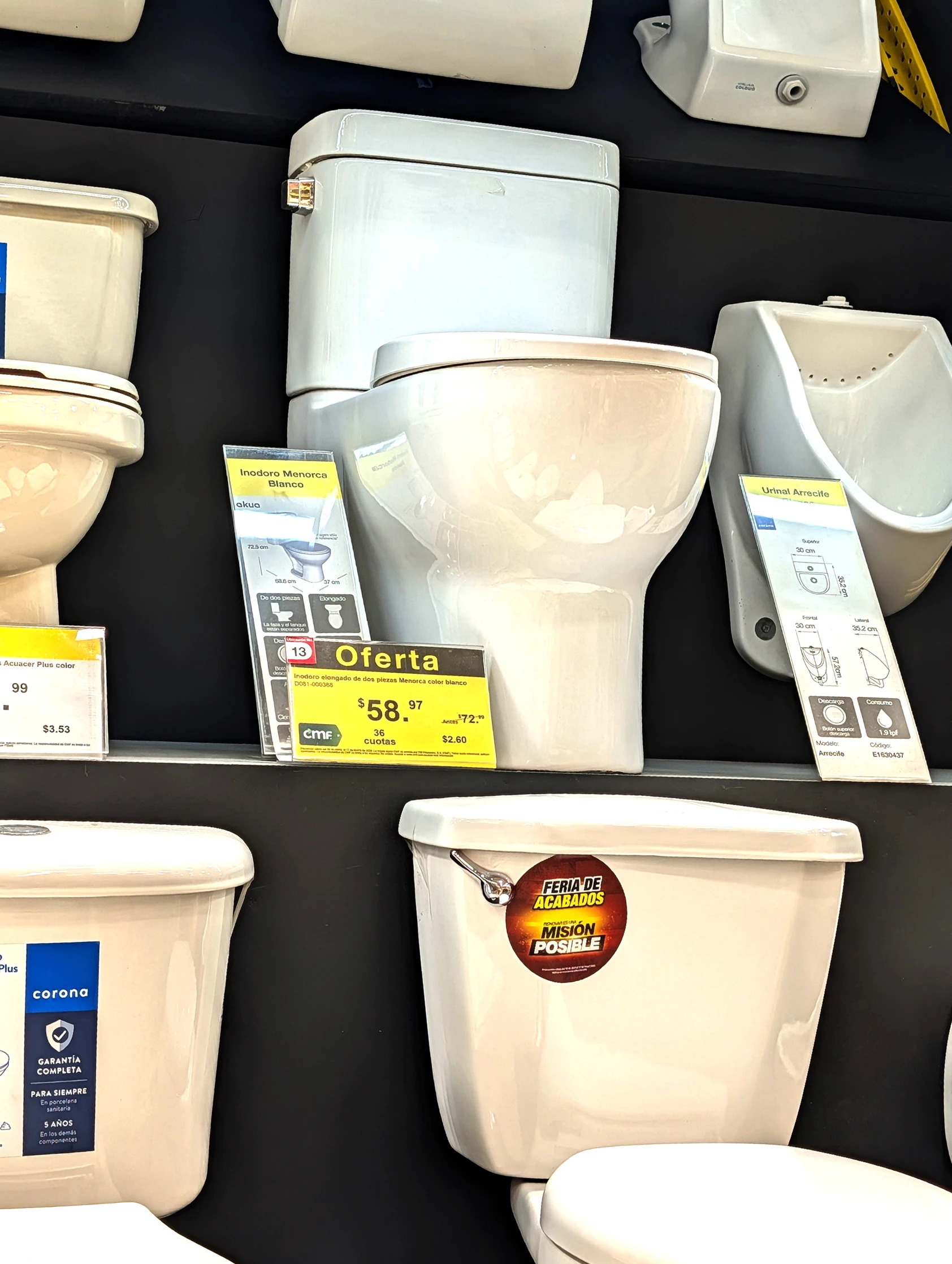 Toilet section at Cochez hardware store Panama City with over 25 options on display