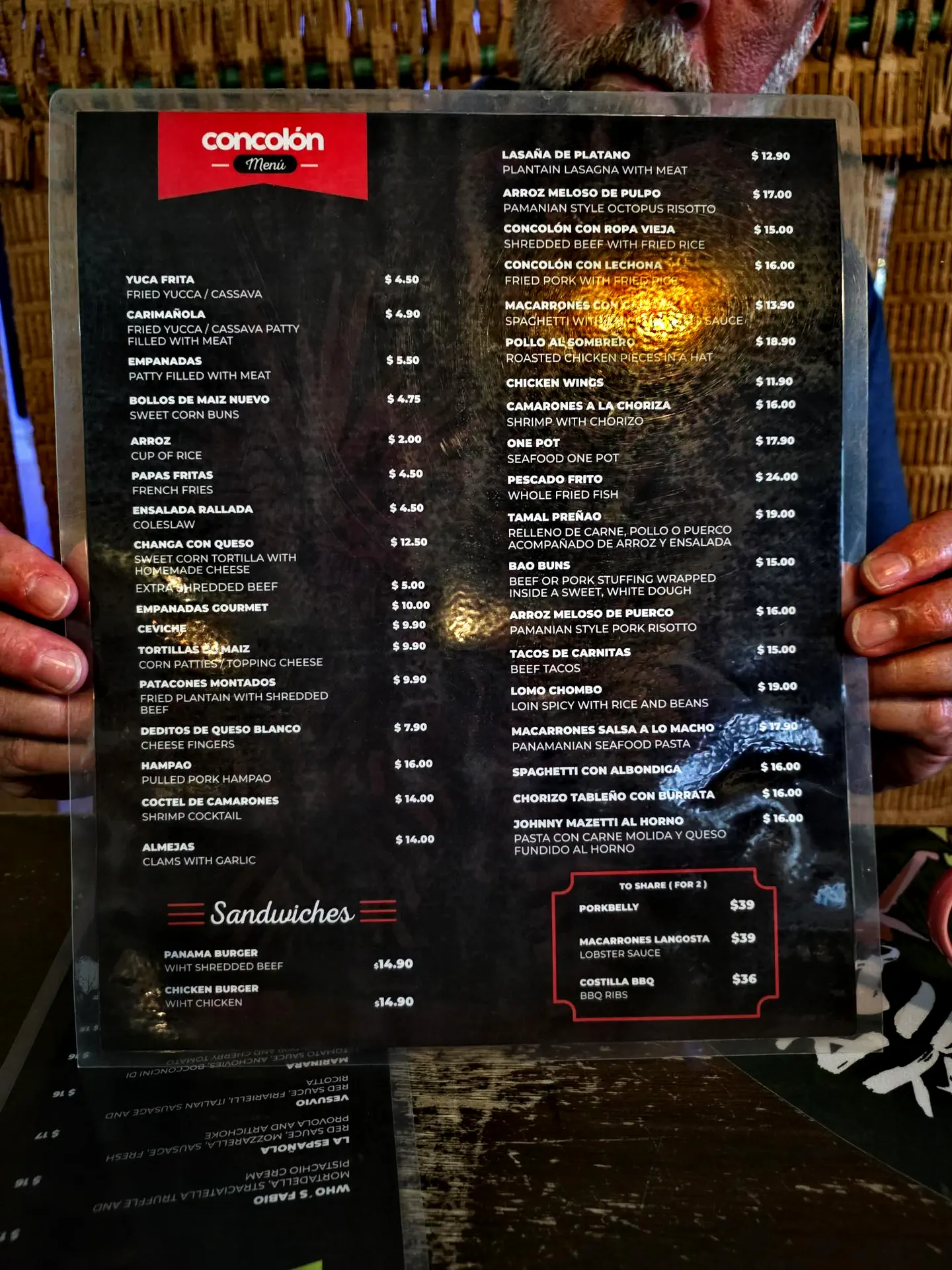 Menu at Concolon Panamanian restaurant Panama City