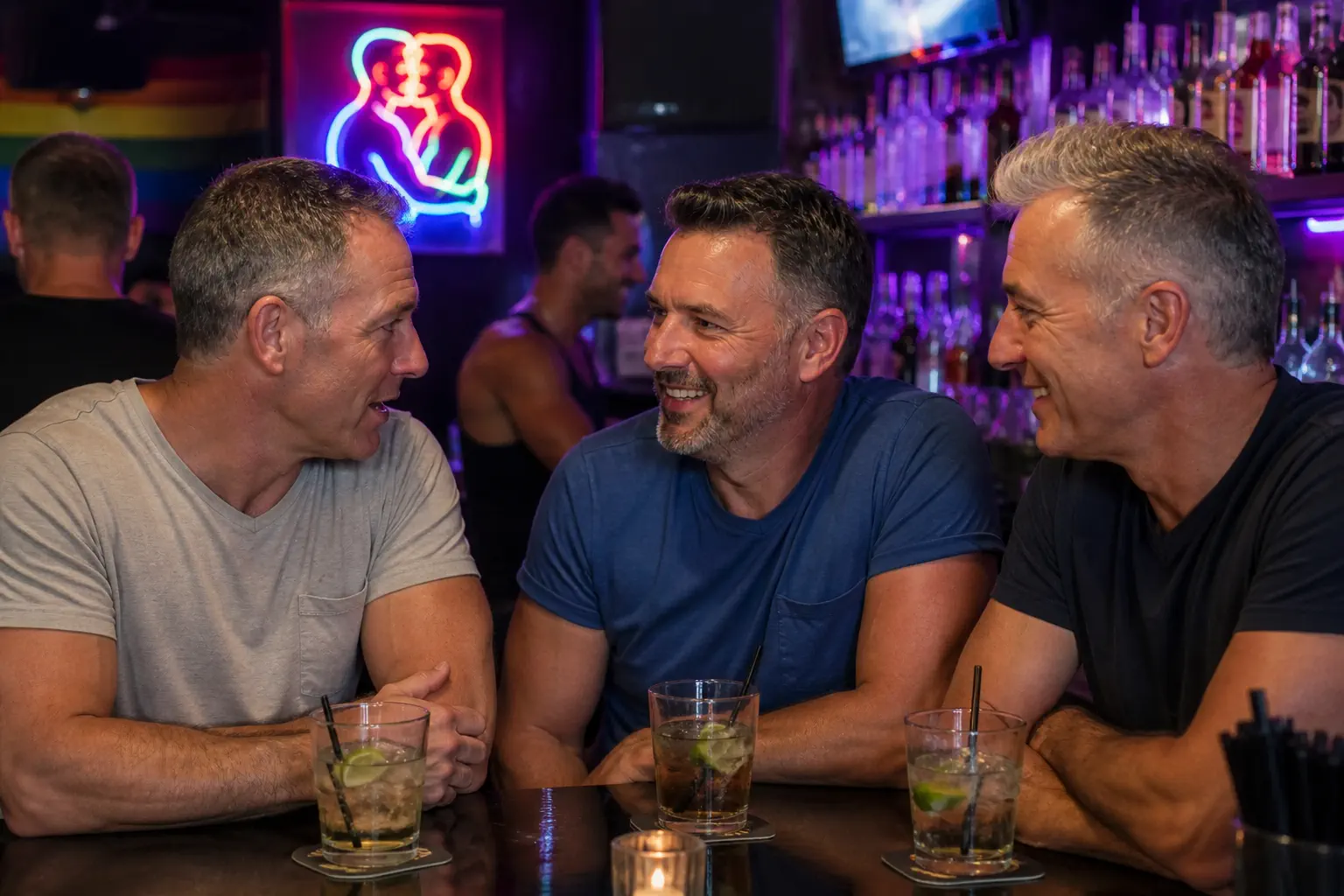Guys meeting in a gay bar.