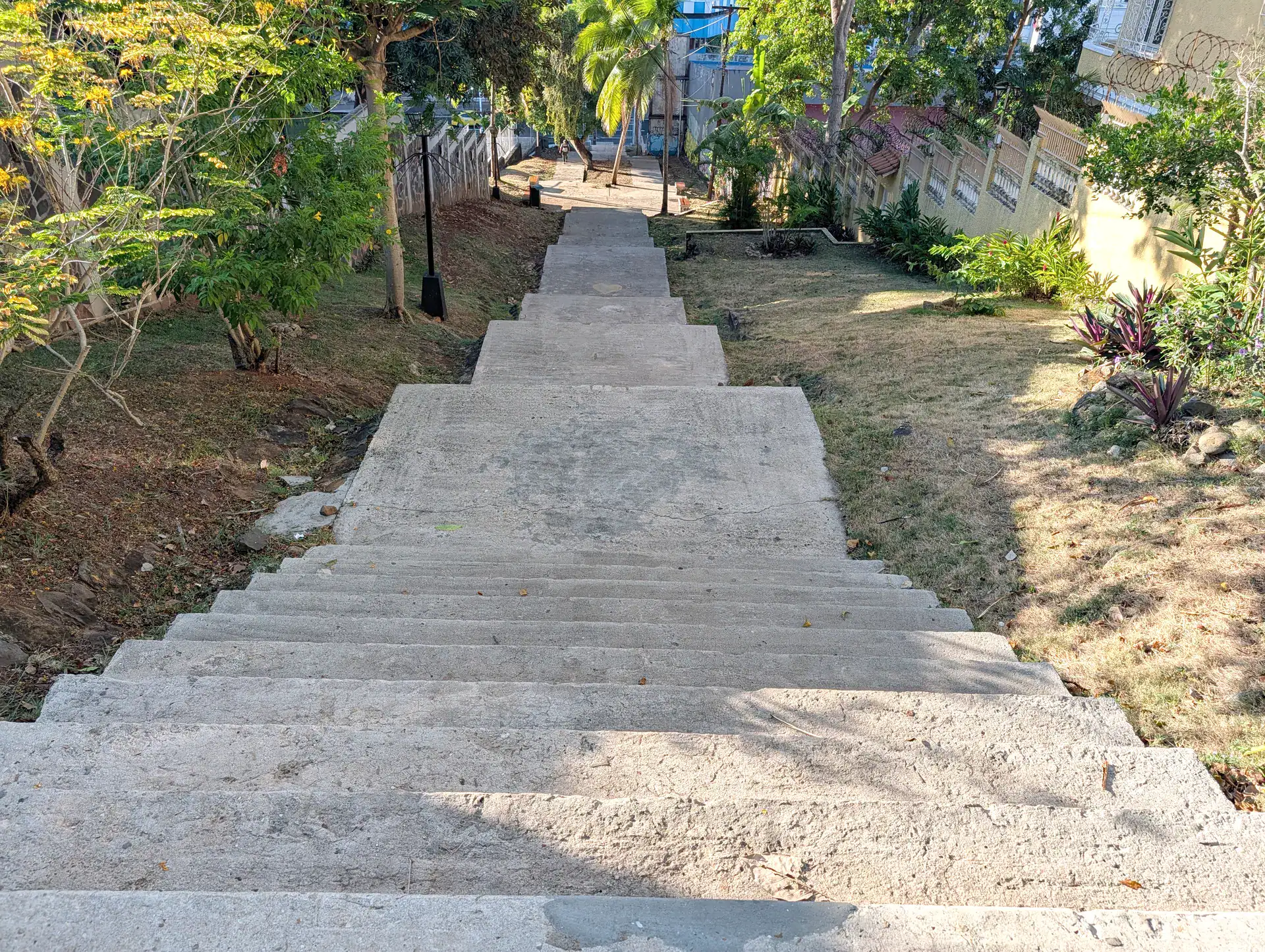 Long staircase climbing from Via España to the La Cresta neighborhood in Panama City
