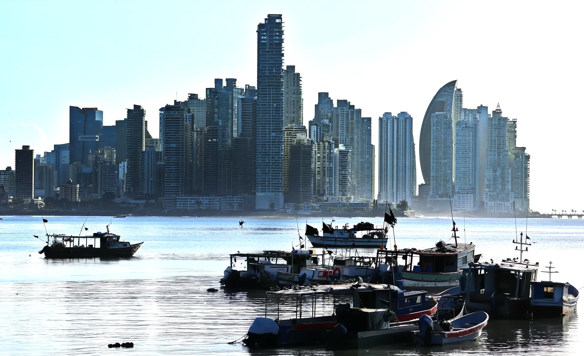 Panama City skyline viewed from the water on the Cinta Costera