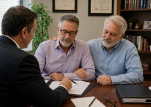 Gay couple meeting with attorney for estate planning in Panama.