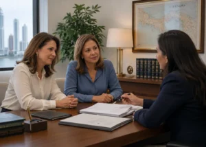 Women talking to their attorney.