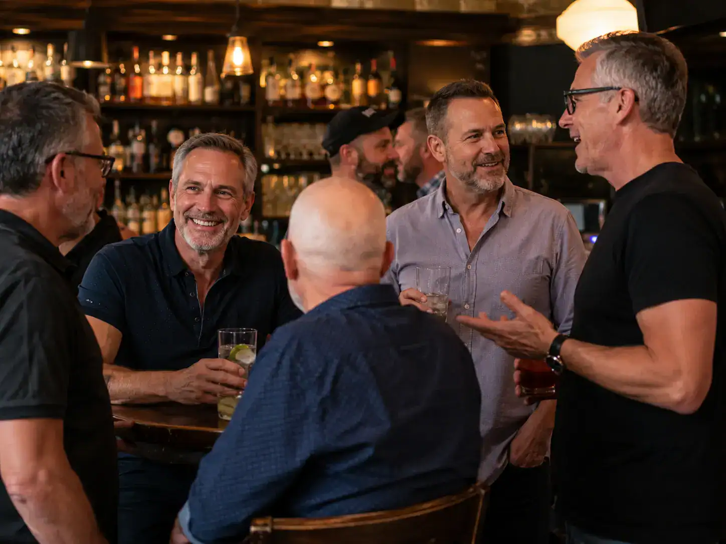 Gay guys making friends at a bar